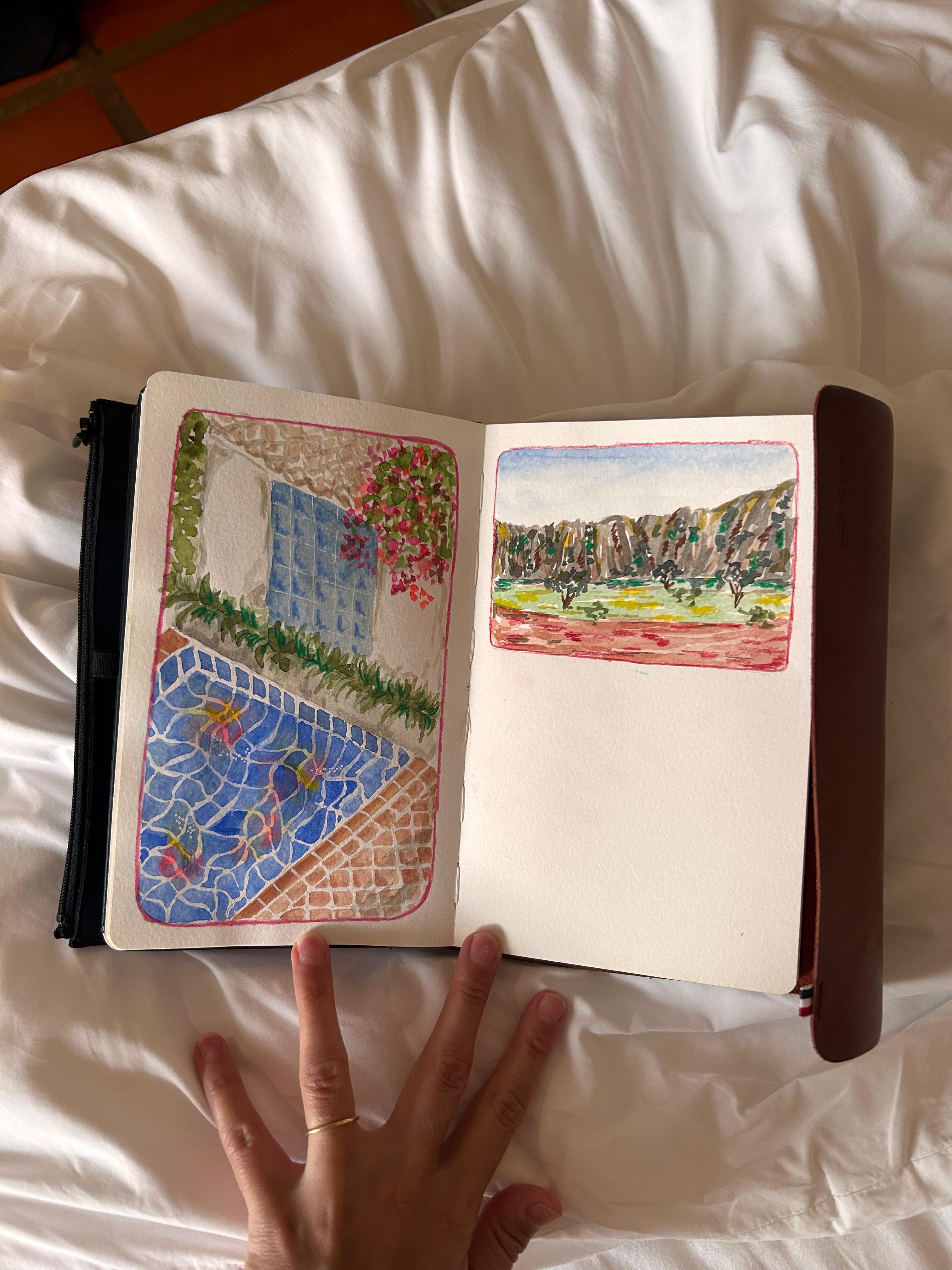 Carnet de voyage aquarelle d'Hélène — piscine et jardin tropical