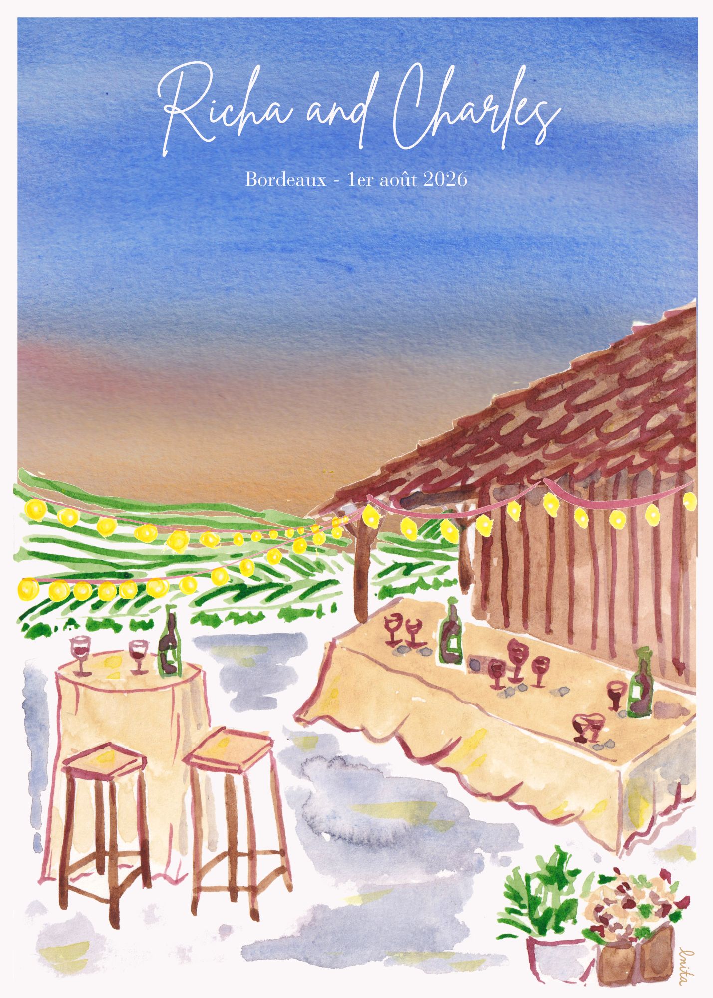 Faire-part Richa & Charles — vignoble bordelais au coucher de soleil