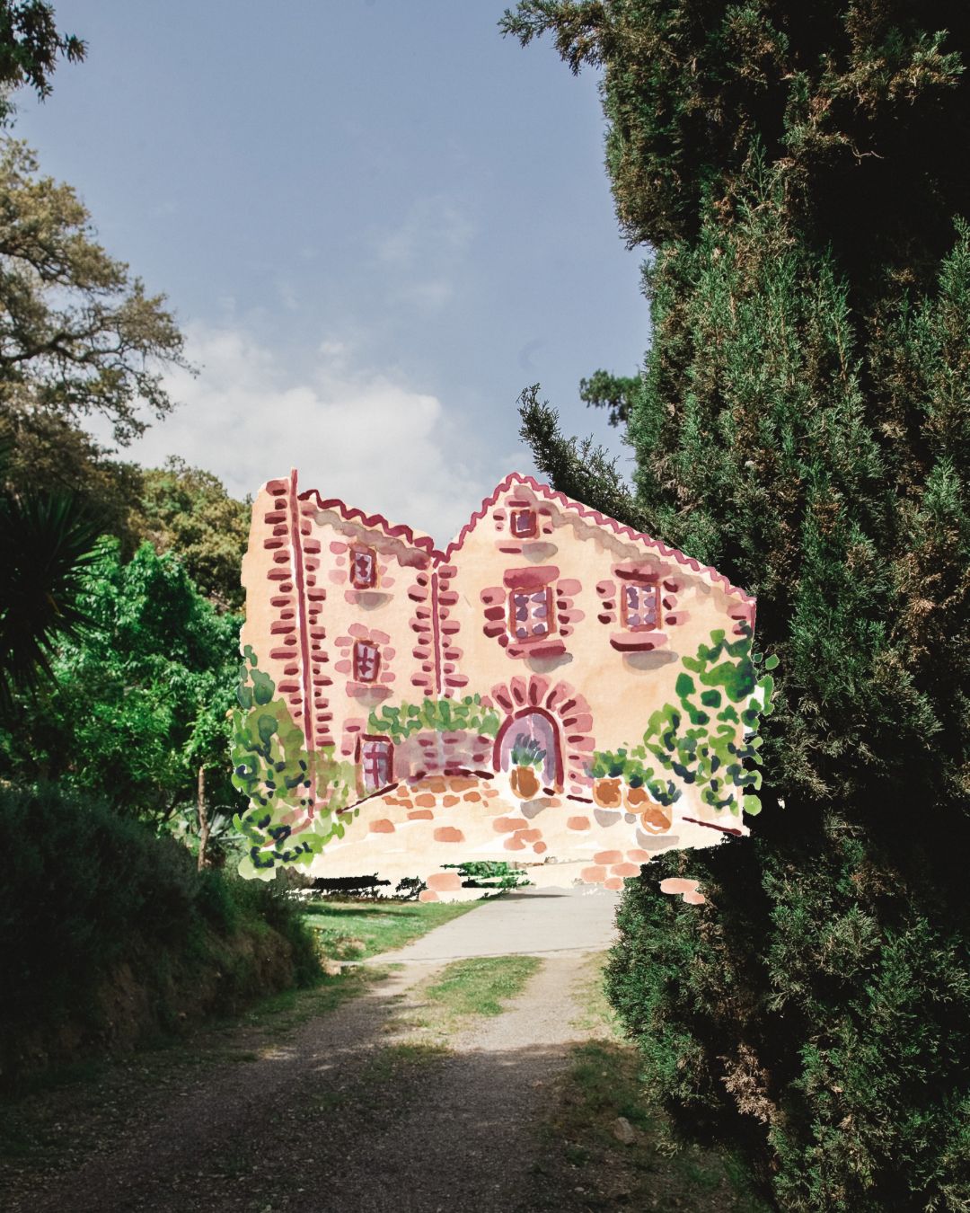 Illustration aquarelle d'un mas — faire-part de mariage sur mesure